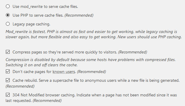 WP Super Cache Recommended Settings